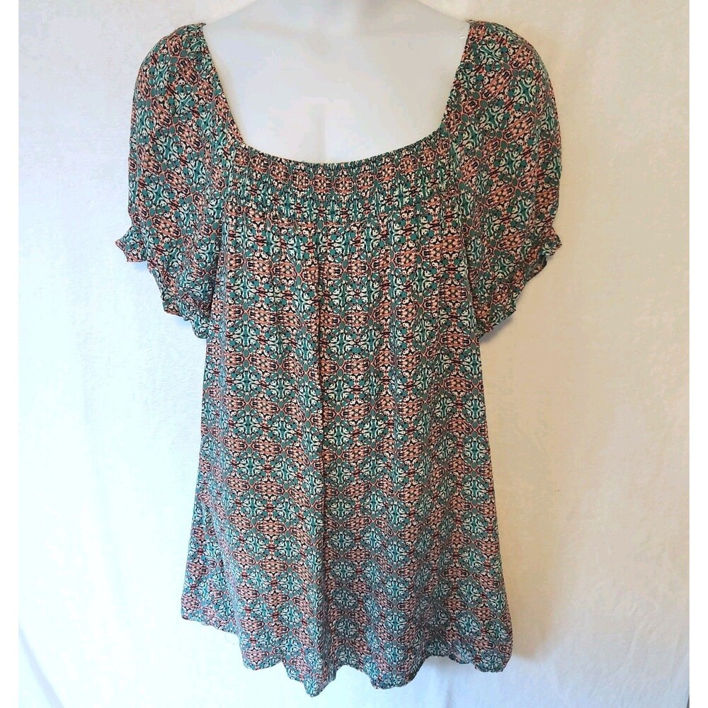 Cure On/Off Shoulder Smocked Rayon Short Sleeve Sheath Dress Teal & Peach Sz XL